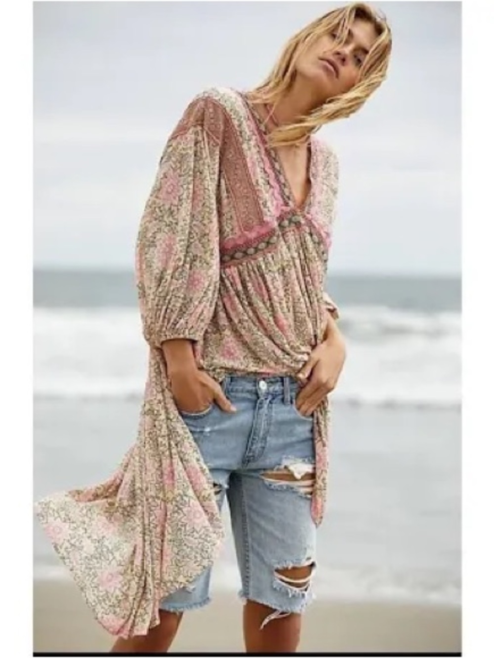🌊 Free People Moon Child Lakeside Boho Mini Dress Tunic Size L